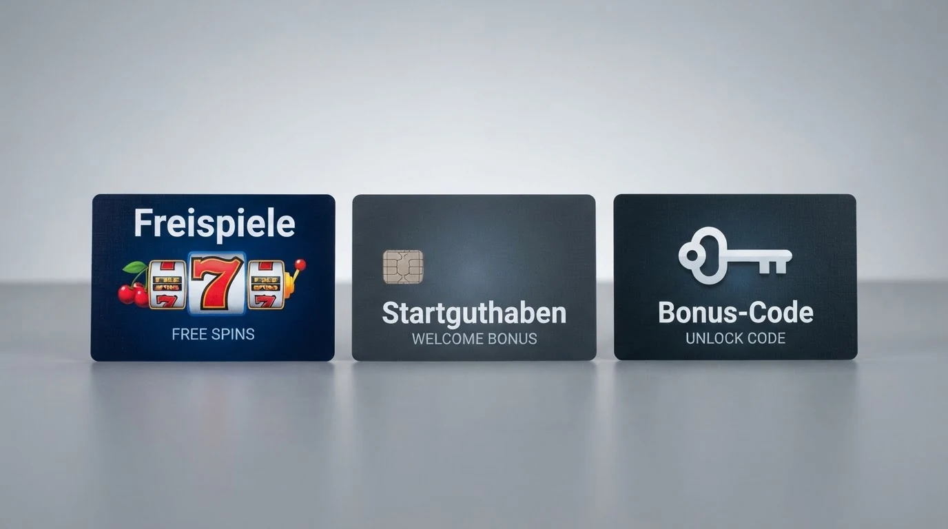 Drei nebeneinander liegende Spielkarten zeigen die Bonus-Typen: Freispiele (Slot-Symbole), Startguthaben (Euro-Symbol) und Bonus-Code (Schlüssel-Symbol)