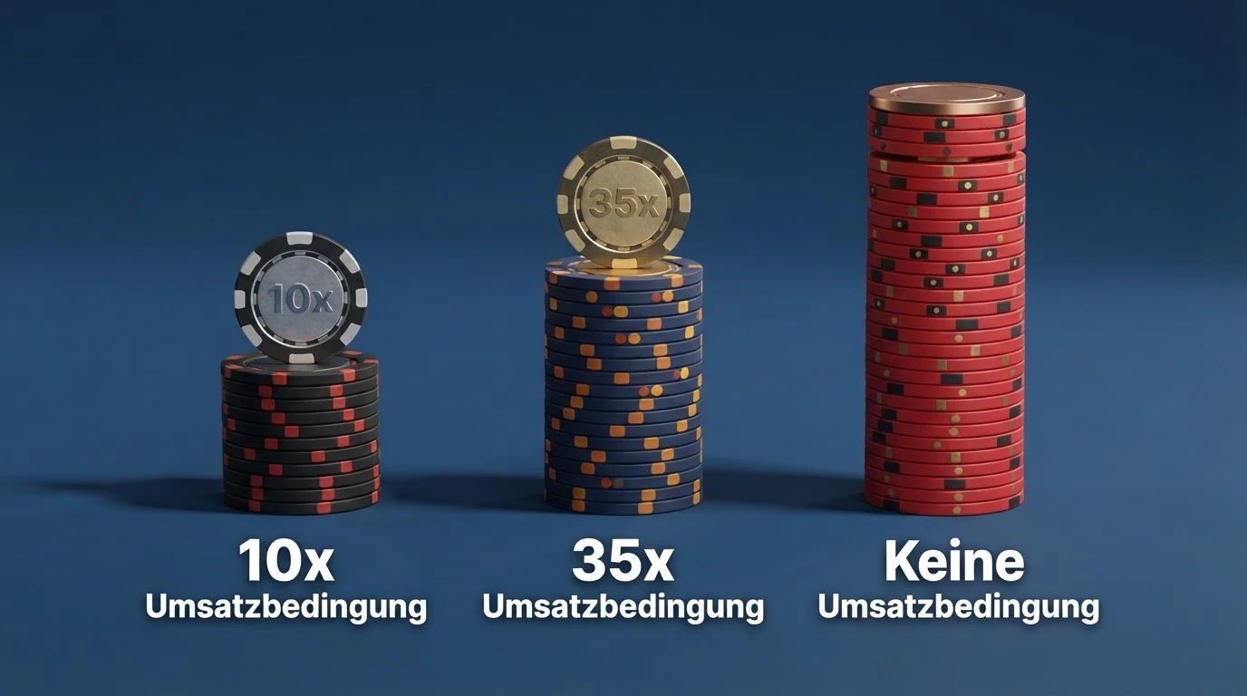 Drei gestapelte Münzsäulen unterschiedlicher Höhe, die unterste mit einem Schild „35x Umsatzbedingung“, die mittlere „10x“, die oberste als leeres Podest