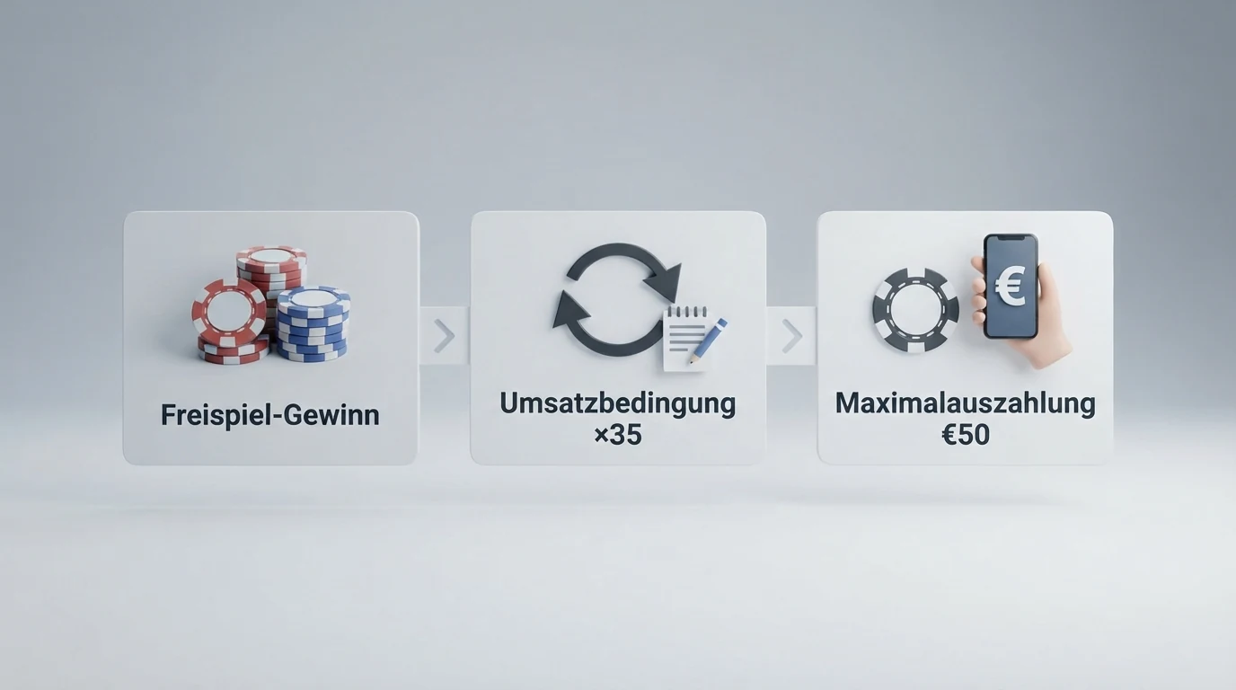 Ein dreistufiges Flussdiagramm: Freispiel-Gewinn → Umsatzbedingung ×35 → Maximalauszahlung €50
