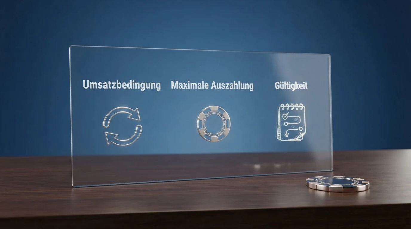 Eine Nahaufnahme der Bonusbedingungen mit Markierungen bei „Umsatzbedingung", „Maximale Auszahlung" und „Gültigkeit"