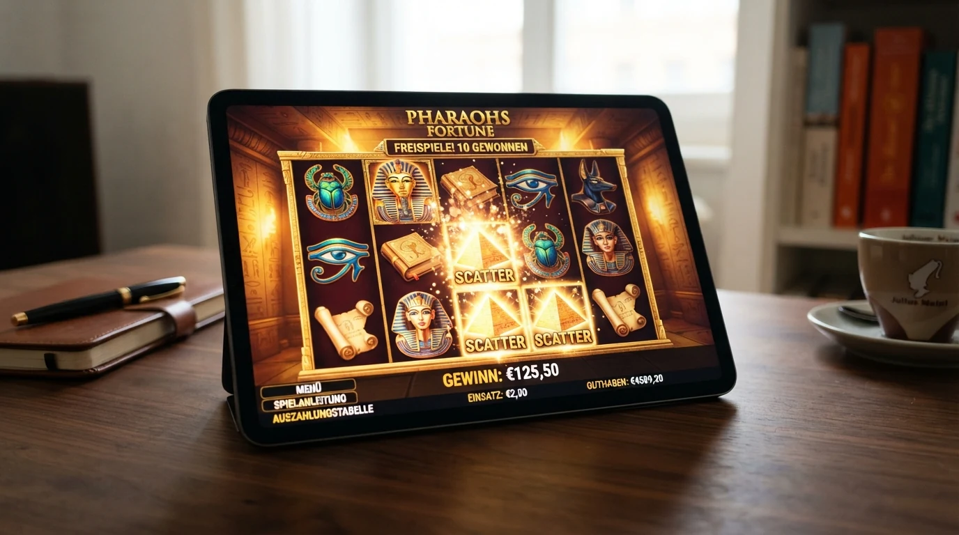 Der Spielautomat Book of Dead mit seinen fünf Walzen, ägyptischen Symbolen und dem Expanding-Scatter auf einem Tablet-Display