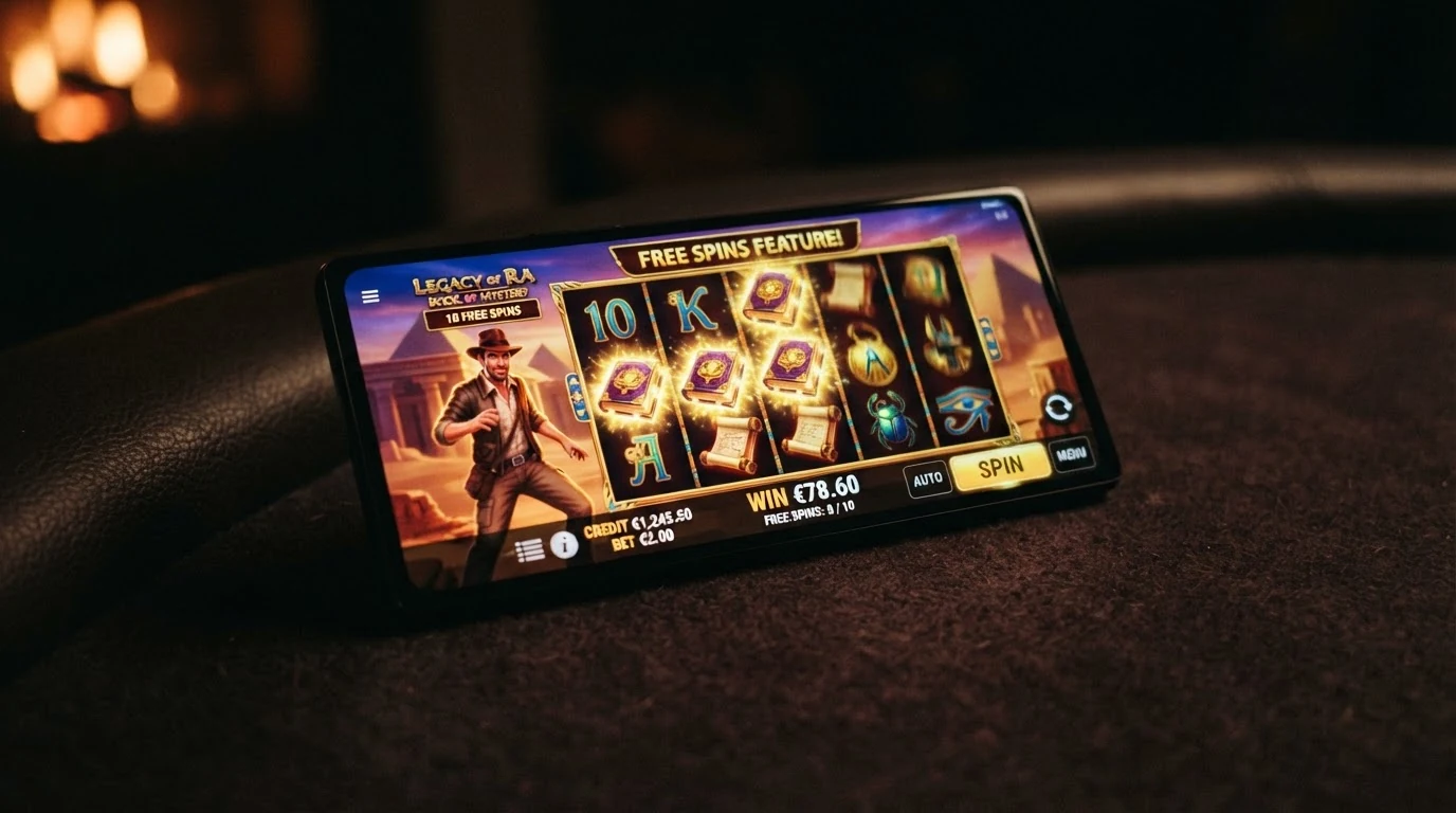 Der Spielautomat Book of Dead von Play'n GO mit dem Entdecker Rich Wilde, Scatter-Symbolen und dem Freispiel-Feature auf einem Smartphone-Display