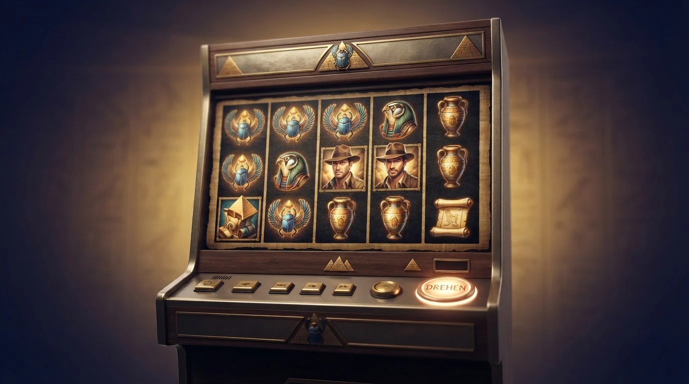 Der Spielautomat Book of Dead von Play'n GO mit seinen fünf Walzen und dem Ägypten-Abenteurer-Motiv in der Detailansicht