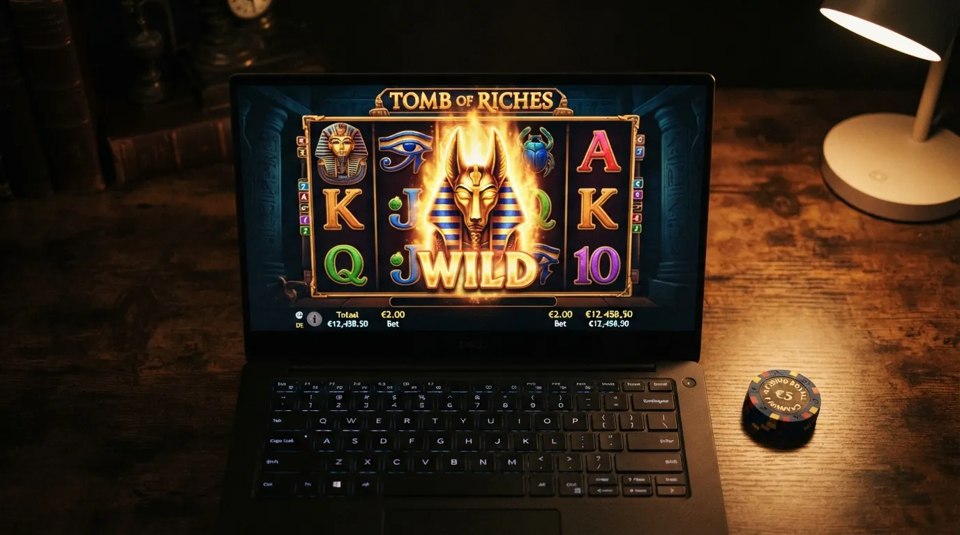 Spielbildschirm des Spielautomaten Book of Dead mit den fünf Walzen, dem Expanding-Symbol und der Wett-Anzeige