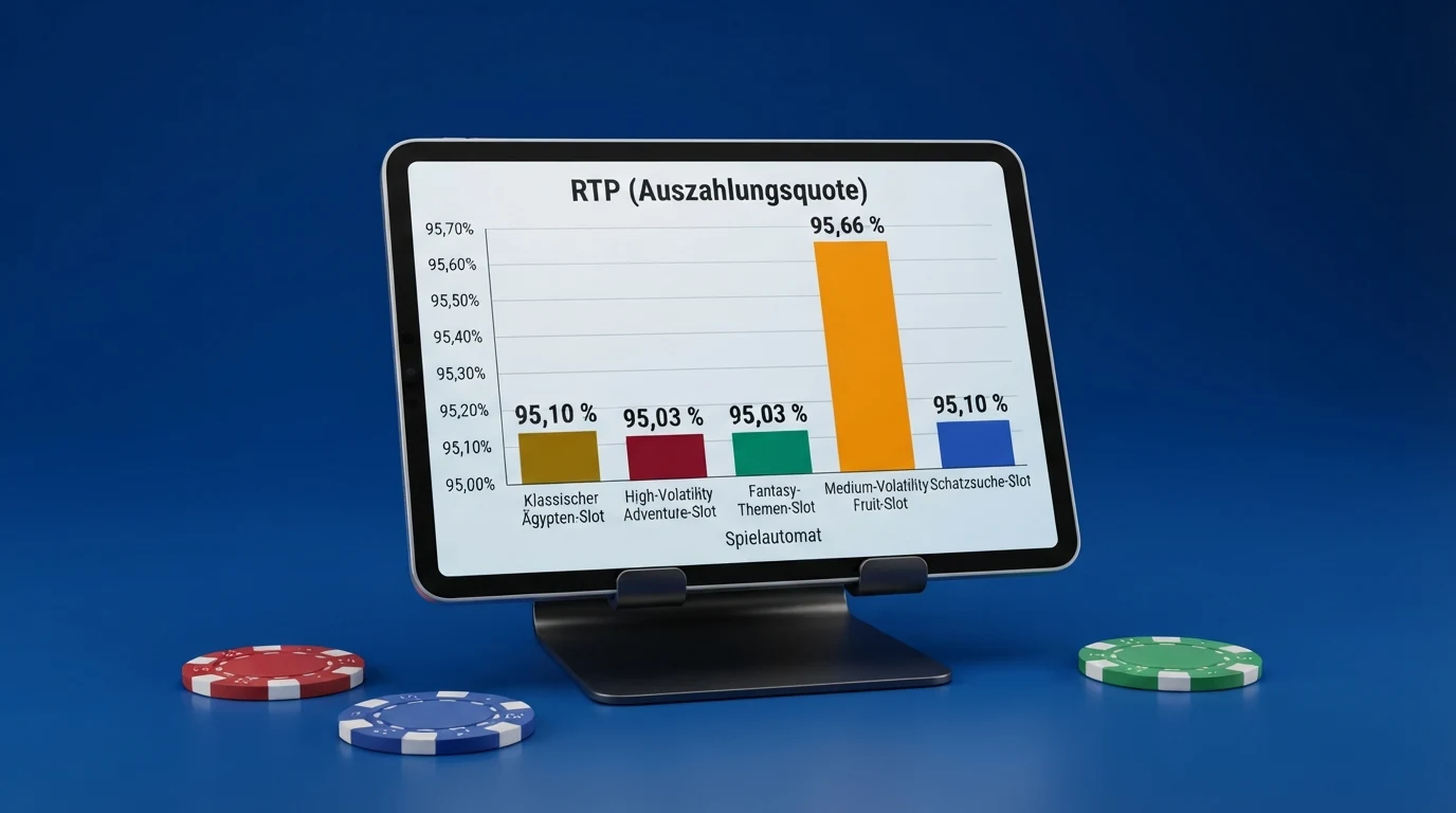 Nahaufnahme des Book-of-Ra-Deluxe-Walzenbilds mit sichtbaren Gewinnlinien, überlagert mit einer tabellarischen Einblendung der RTP-Werte von fünf Novoline-Slots
