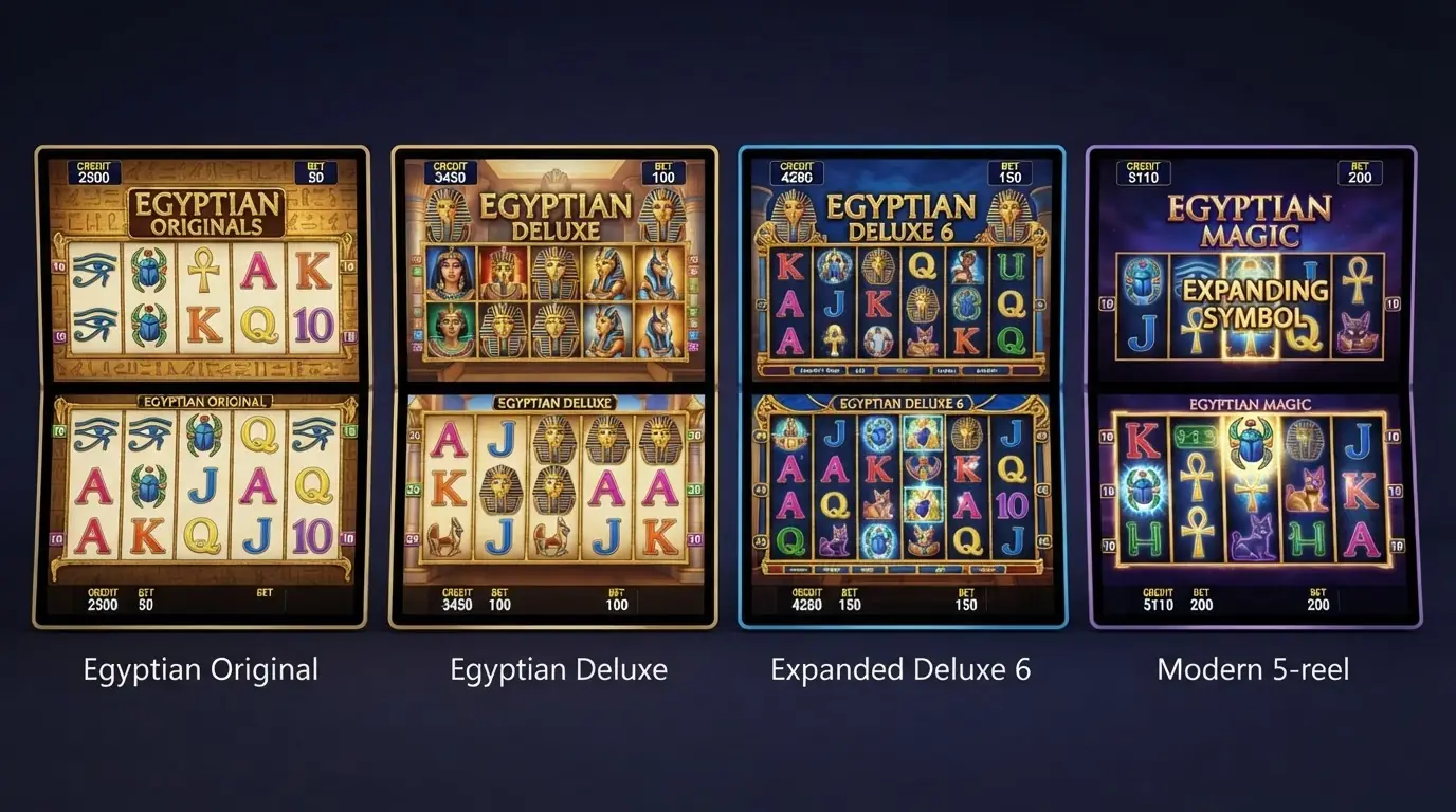 Vier Book of Ra Spieloberflächen (Classic, Deluxe, Deluxe 6, Magic) nebeneinander im visuellen Vergleich mit ihren unterschiedlichen Walzen-Layouts