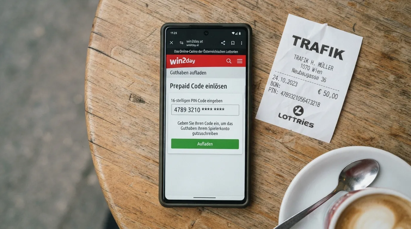 Der Bildschirm eines Online Casinos mit geöffnetem Einzahlungsbereich, in dem ein 16-stelliger CashtoCode-PIN eingegeben wird. Daneben das Logo einer österreichischen Trafik.