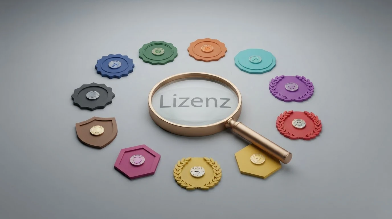 Eine illustrative Übersicht mit den Logos der zehn geprüften Anbieter, angeordnet auf einem Tisch neben einer Lupe, die das Wort „Konzession“ vergrößert.