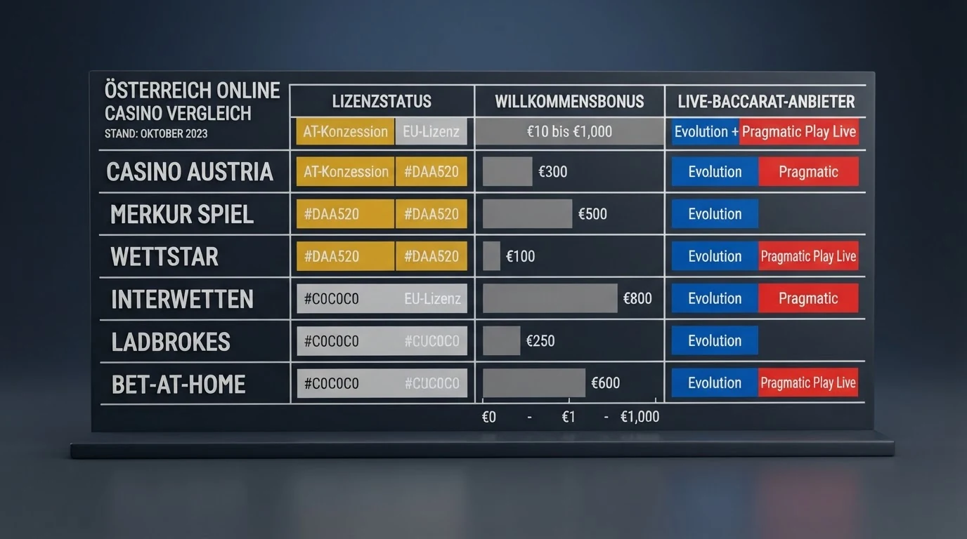 Bildschirmansicht einer Vergleichstabelle mit Casino-Namen, Lizenzstatus und Bonusangaben
