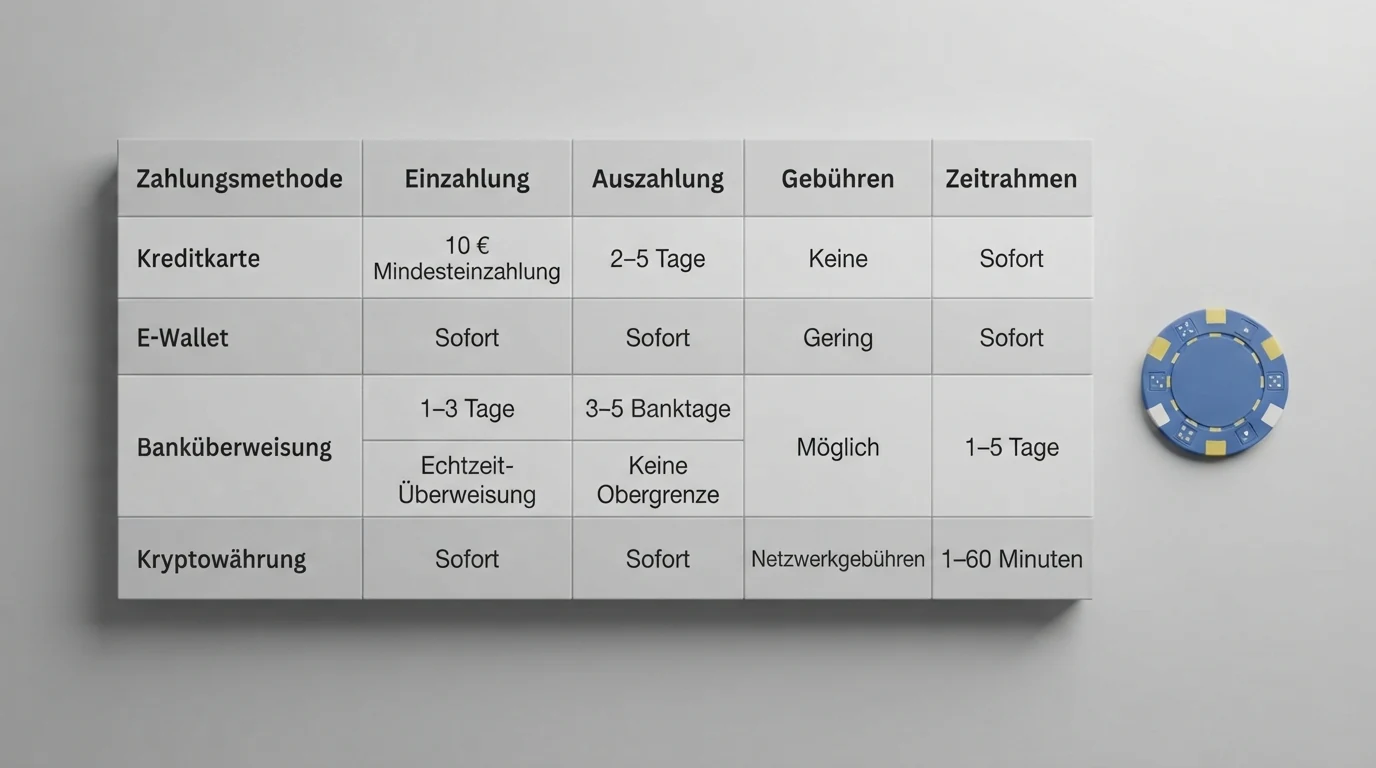 Eine übersichtliche Vergleichstabelle mit den Logos der zehn vorgestellten Casinos und ihren Konditionen für Bankeinzug
