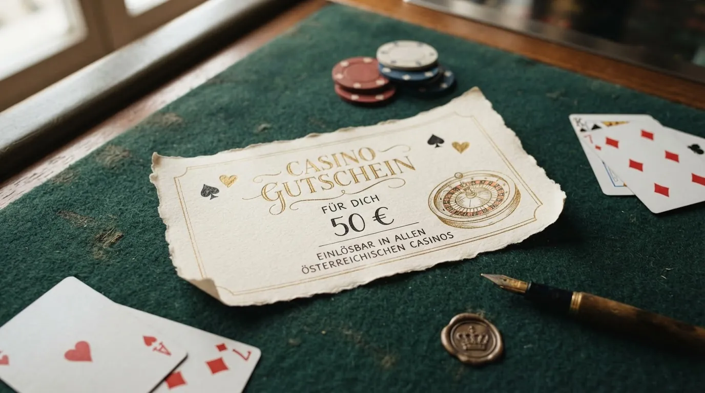Ein selbst gebastelter Geschenkgutschein im Casino-Stil mit Spielkarten-Motiven, Roulette-Kessel-Deko und einem handbeschrifteten Wertfeld, fotografiert auf einem dunklen Samttuch