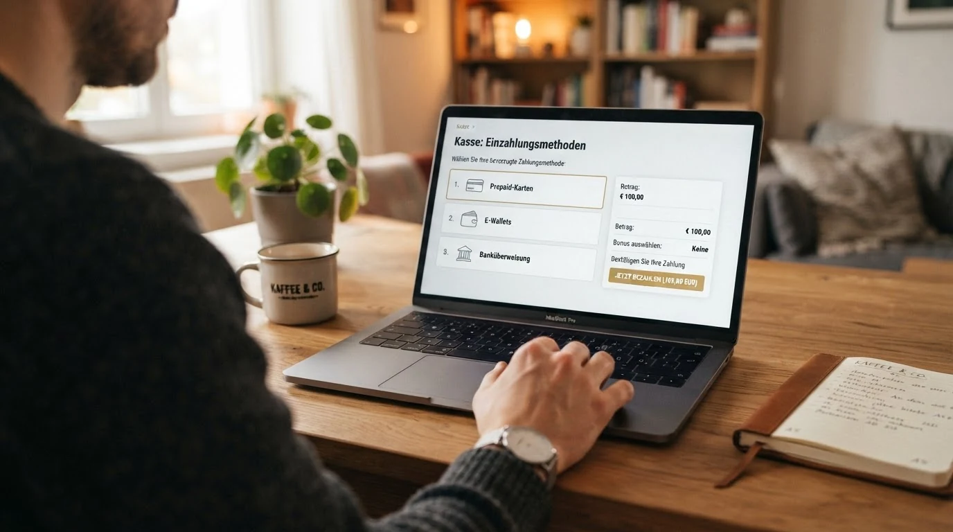 Die Kasse eines Online-Casinos mit mehreren Einzahlungsoptionen, darunter Paysafecard und E-Wallets