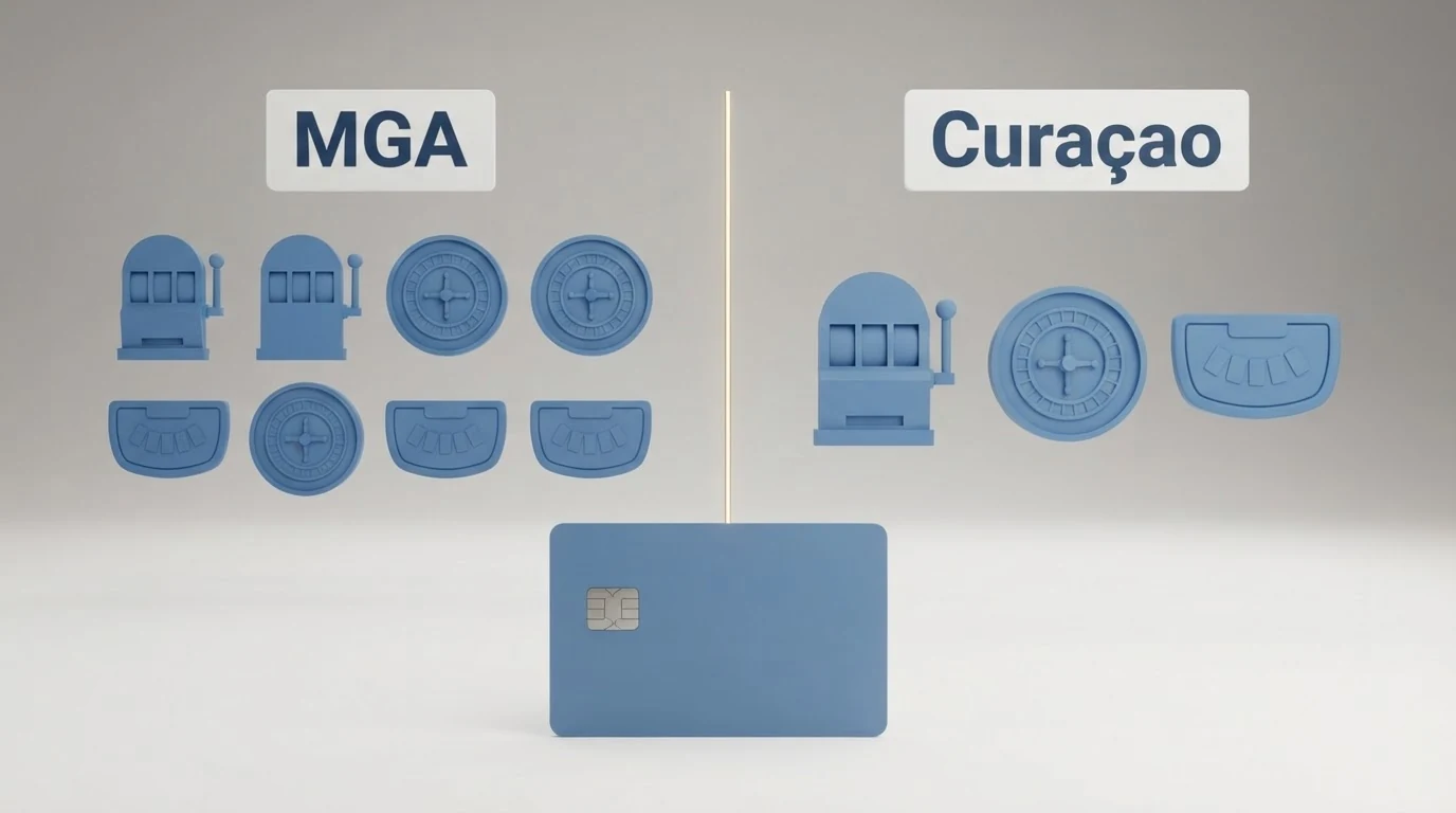 Eine Übersicht mit Casino-Logos nebeneinander, gruppiert nach Lizenztyp — links MGA, rechts Curaçao — mit farblicher Kennzeichnung des Rechtsstatus