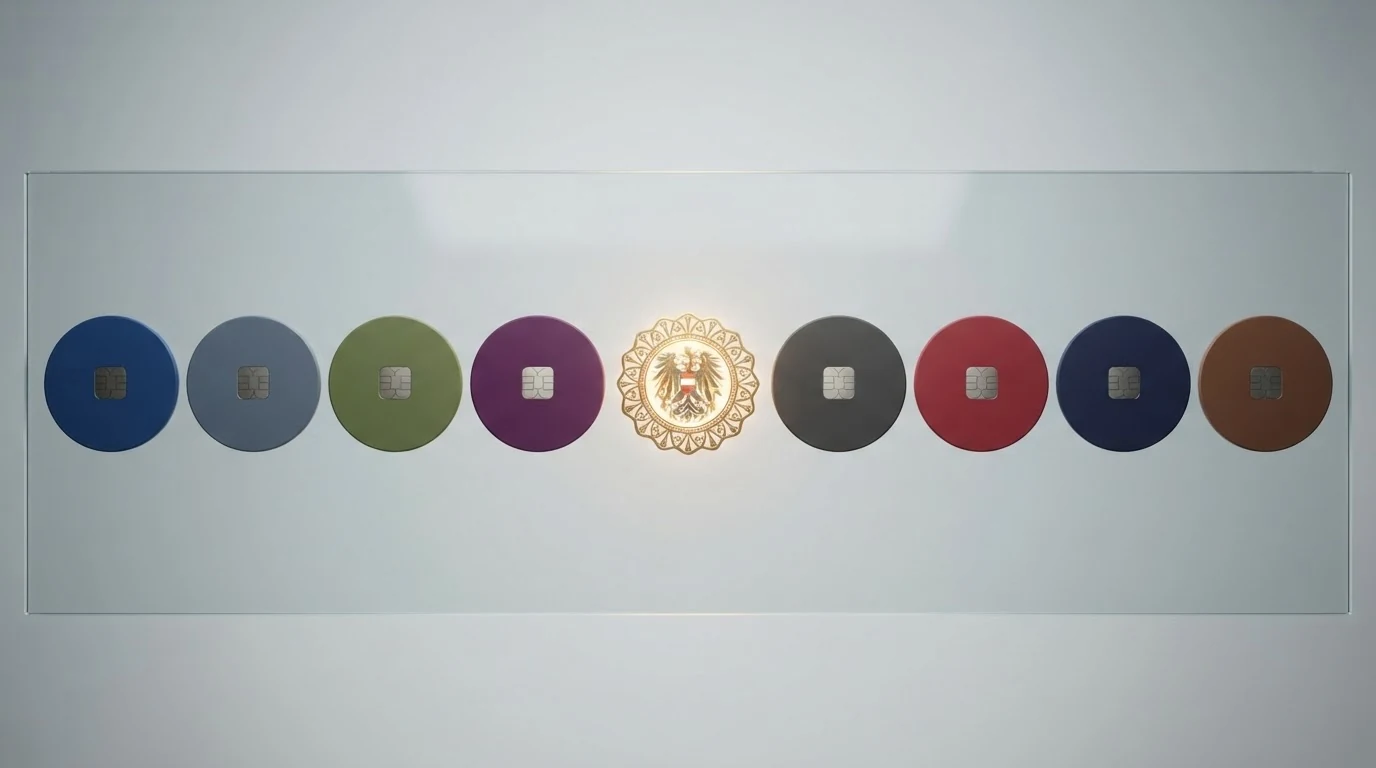 Eine Übersichtstabelle mit Lizenzsiegeln vor zehn Casino-Logos — das AT-Wappen sticht dabei farblich hervor