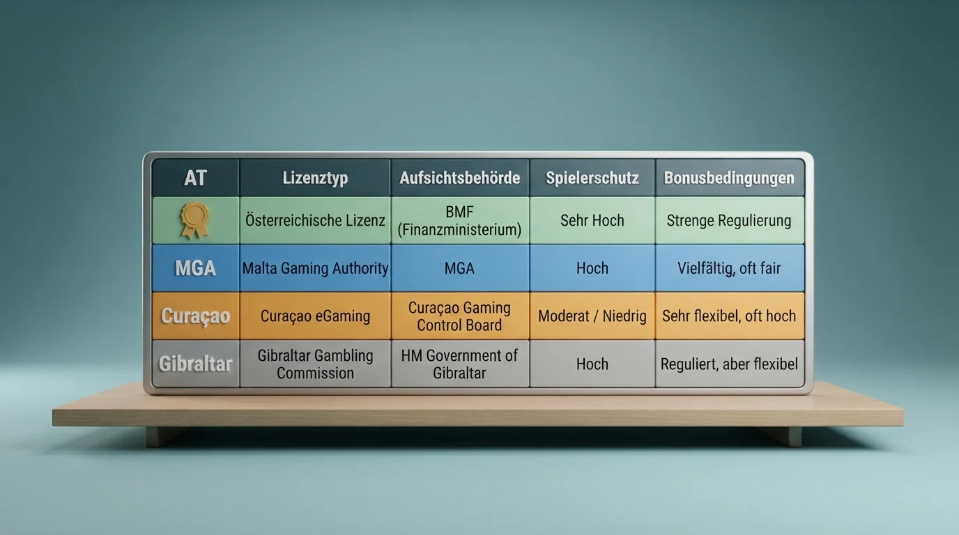 Eine Übersichtstabelle mit Casino-Namen, Bonusbeträgen und farblich markierten Lizenzspalten, die den Unterschied zwischen AT-Lizenz und Offshore-Lizenzen visuell hervorhebt
