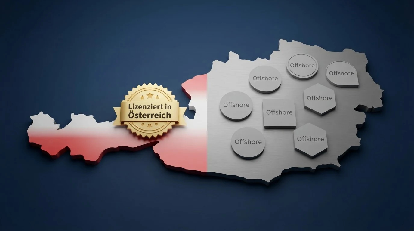 Eine stilisierte Österreich-Karte mit dem win2day-Logo im lizenzierten Bereich und Logos der Offshore-Anbieter außerhalb.