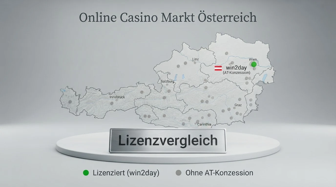 Eine illustrative Karte von Österreich, auf der ein einzelner grüner Punkt (win2day, „AT-Konzession“) neben mehreren grauen Punkten (Offshore-Anbieter ohne AT-Lizenz) eingezeichnet ist.