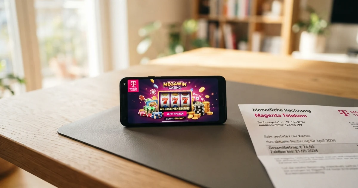 Ein Smartphone mit geöffneter Casino-App und dem Magenta-Logo auf dem Bildschirm, daneben eine aufgeschlagene Monatsrechnung von Magenta Telekom