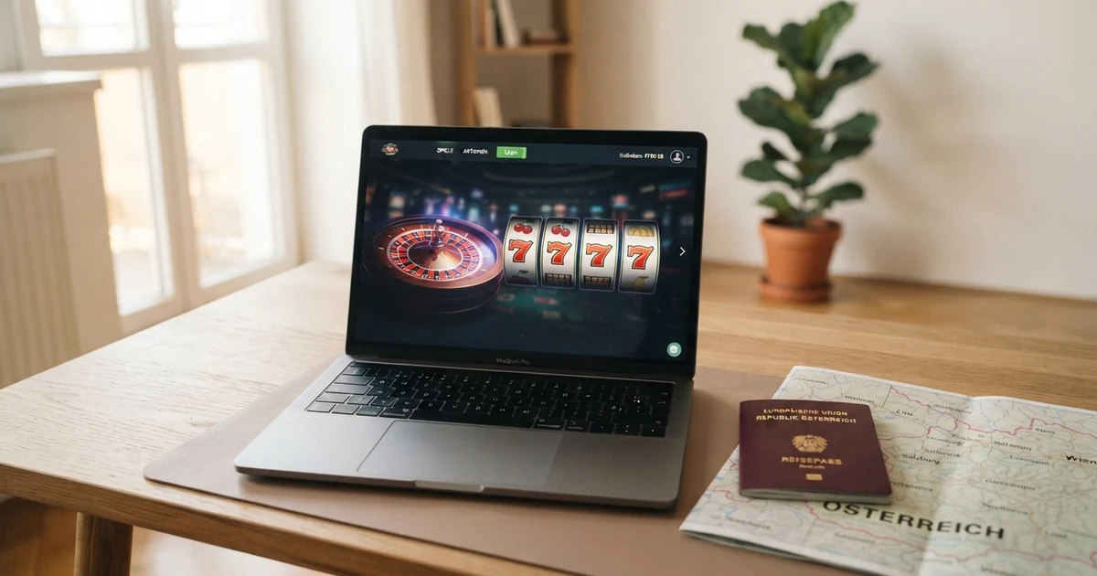 Ein Laptop-Bildschirm mit einer Casino-Startseite, daneben ein österreichischer Reisepass und eine Karte von Österreich — kein Vorhängeschloss oder Verbotssymbol