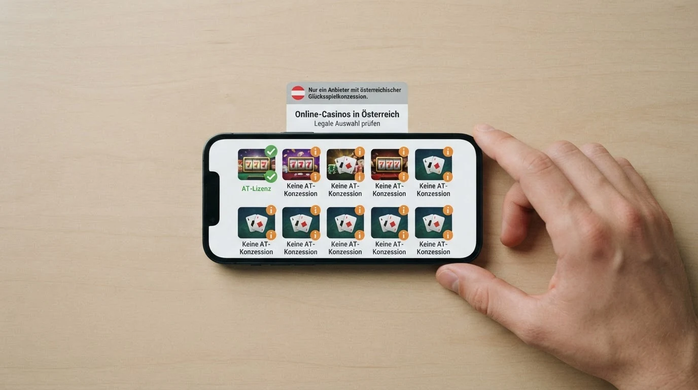 Zehn Casino-Logos in einer Zeile, das erste mit einem grünen Haken und der Beschriftung „AT-Lizenz“, die übrigen neun mit einem orangefarbenen Info-Symbol und „Keine AT-Konzession“