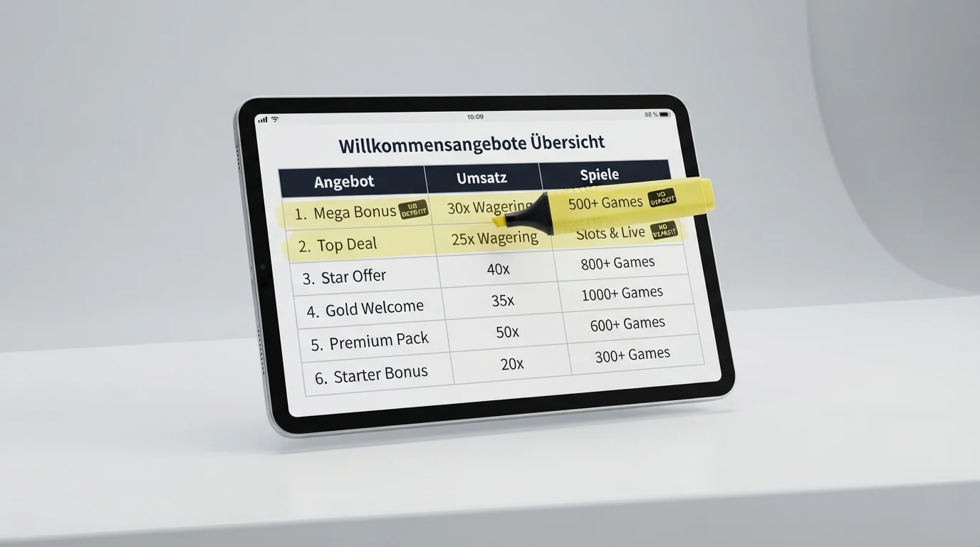 Eine tabellarische Übersicht auf einem Bildschirm mit Casino-Logos, farblich markierten Bonus-Spalten und einem Textmarker auf der Zeile mit einem No-Deposit-Angebot