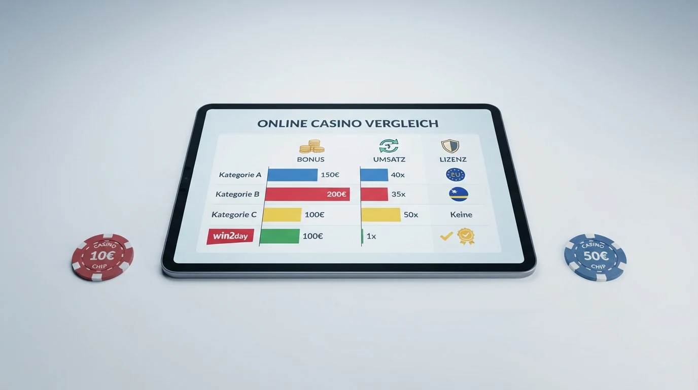 Eine Vergleichstabelle mit Casino-Logos, Bonusbeträgen und Lizenzsymbolen auf einem Bildschirm