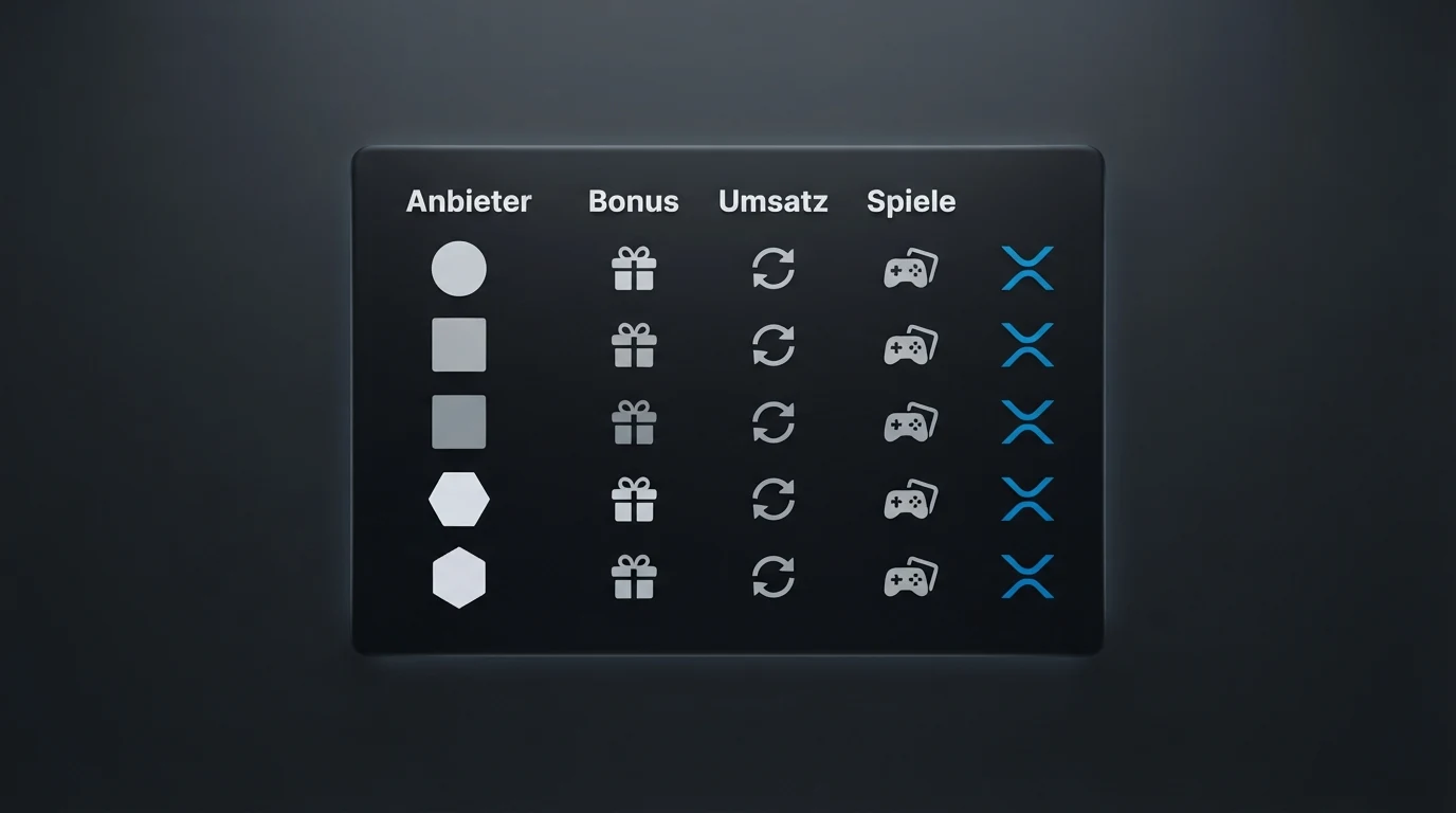 Übersichtliche Darstellung von Casino-Logos mit Bewertungssymbolen, XRP-Zahlungssymbol hervorgehoben