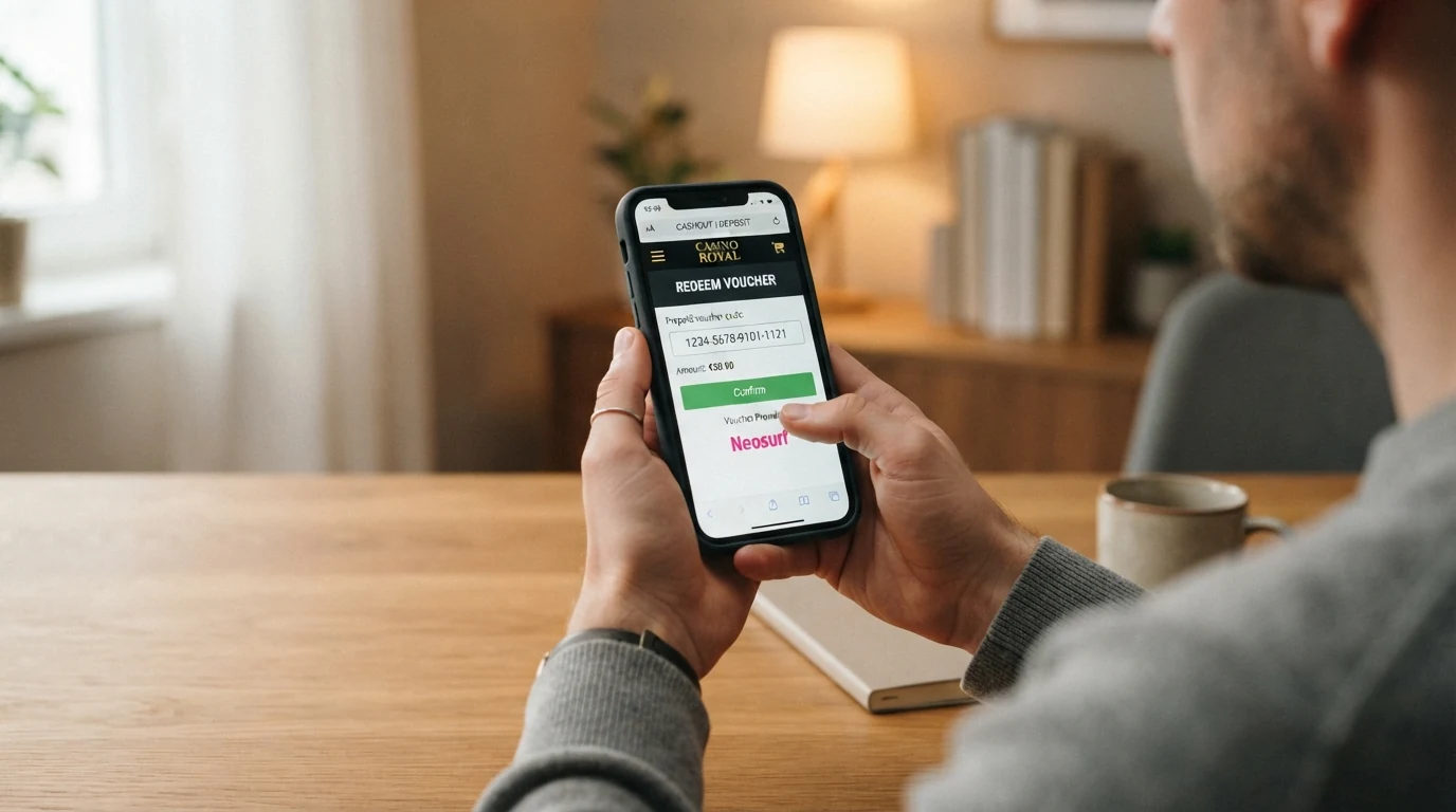 Das Eingabefeld für den 16-stelligen Paysafecard-Code im Kassenbereich eines Online-Casinos, daneben ein Smartphone mit geöffneter myPaysafecard-App