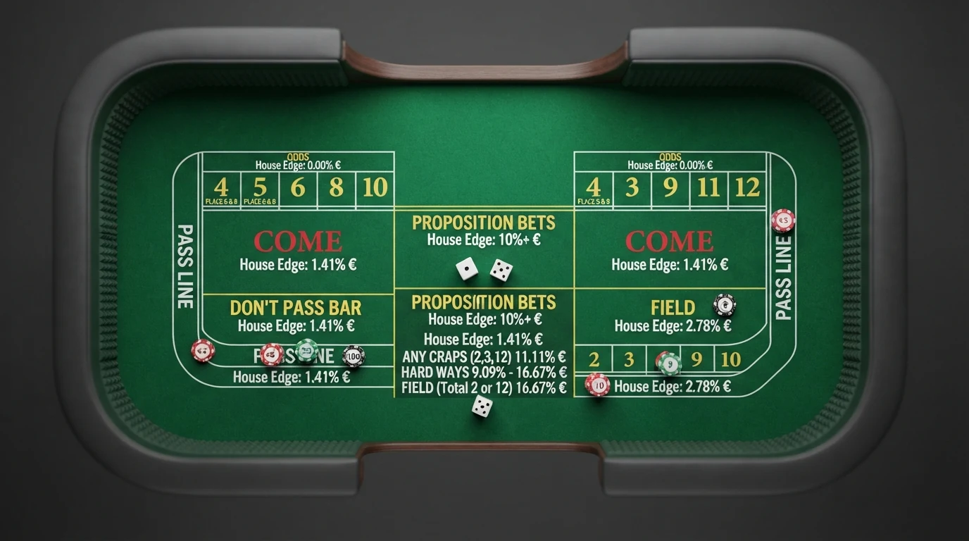 Aufsicht auf einen Craps-Tisch mit Markierungen der wichtigsten Wettbereiche: Pass Line, Don't Pass Bar, Come, Field und Place Bets
