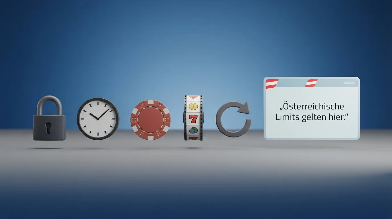 Eine illustrierte Gegenüberstellung: fünf durchgestrichene Schlagworte — OASIS 5-Sekunden-Regel 1-Euro-Limit LUGAS und Spin-Limit — mit dem Stempel „Gilt nur in Deutschland“ und daneben das österreichische win2day-Limit-Modell