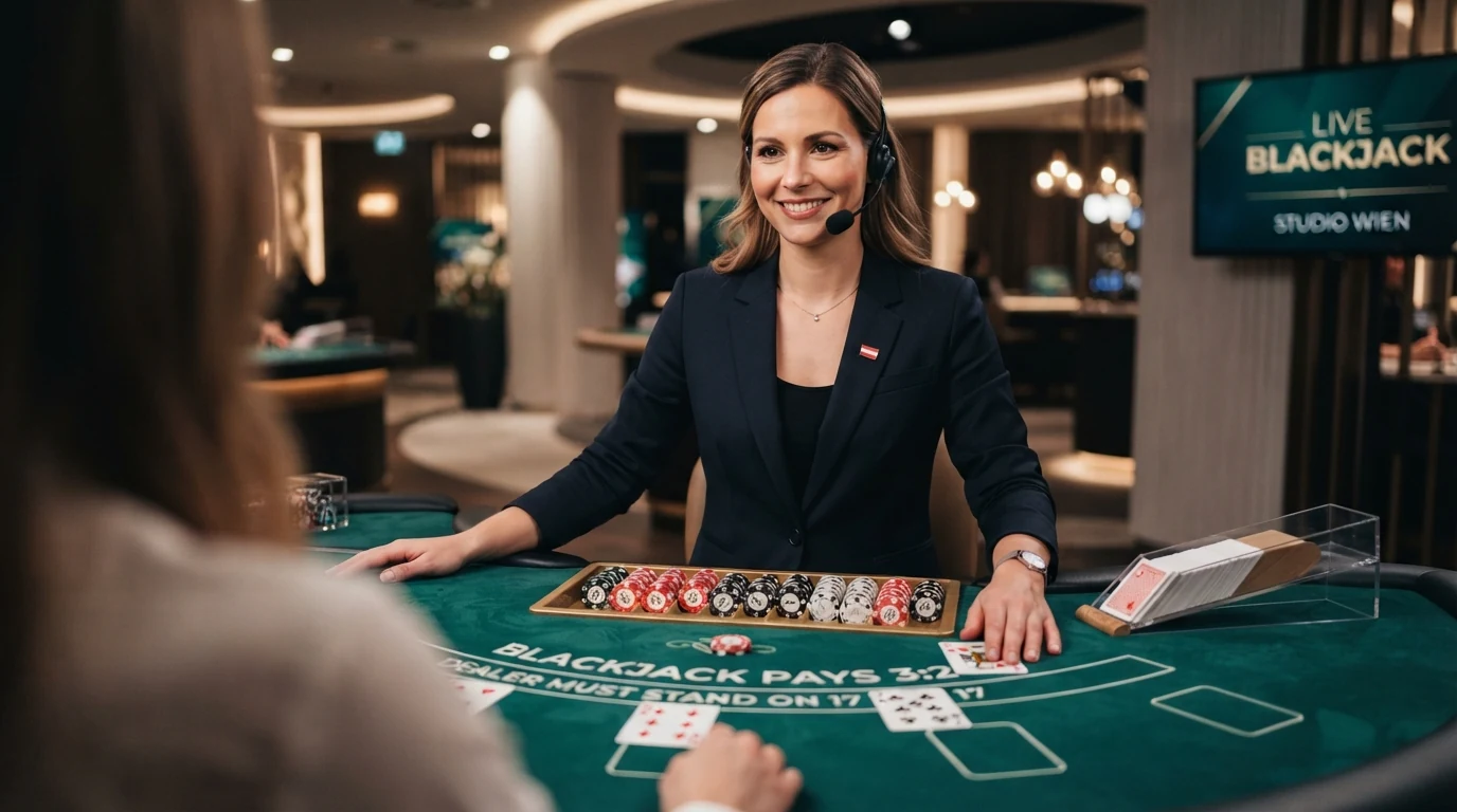 Nahaufnahme einer Croupière, die Karten an einem Blackjack-Tisch mit deutschsprachiger Beschilderung austeilt