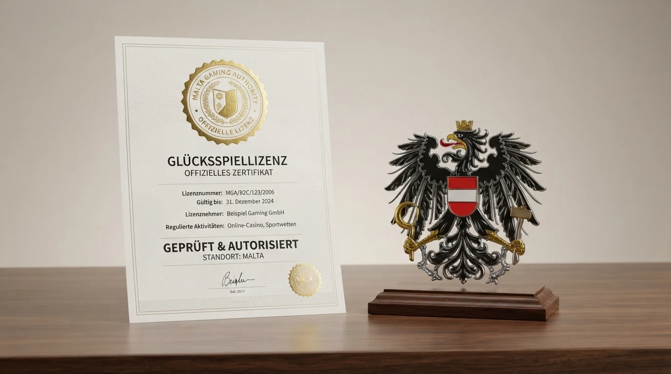 Nahaufnahme einer MGA-Lizenzurkunde neben dem österreichischen Bundesadler auf einem Schreibtisch