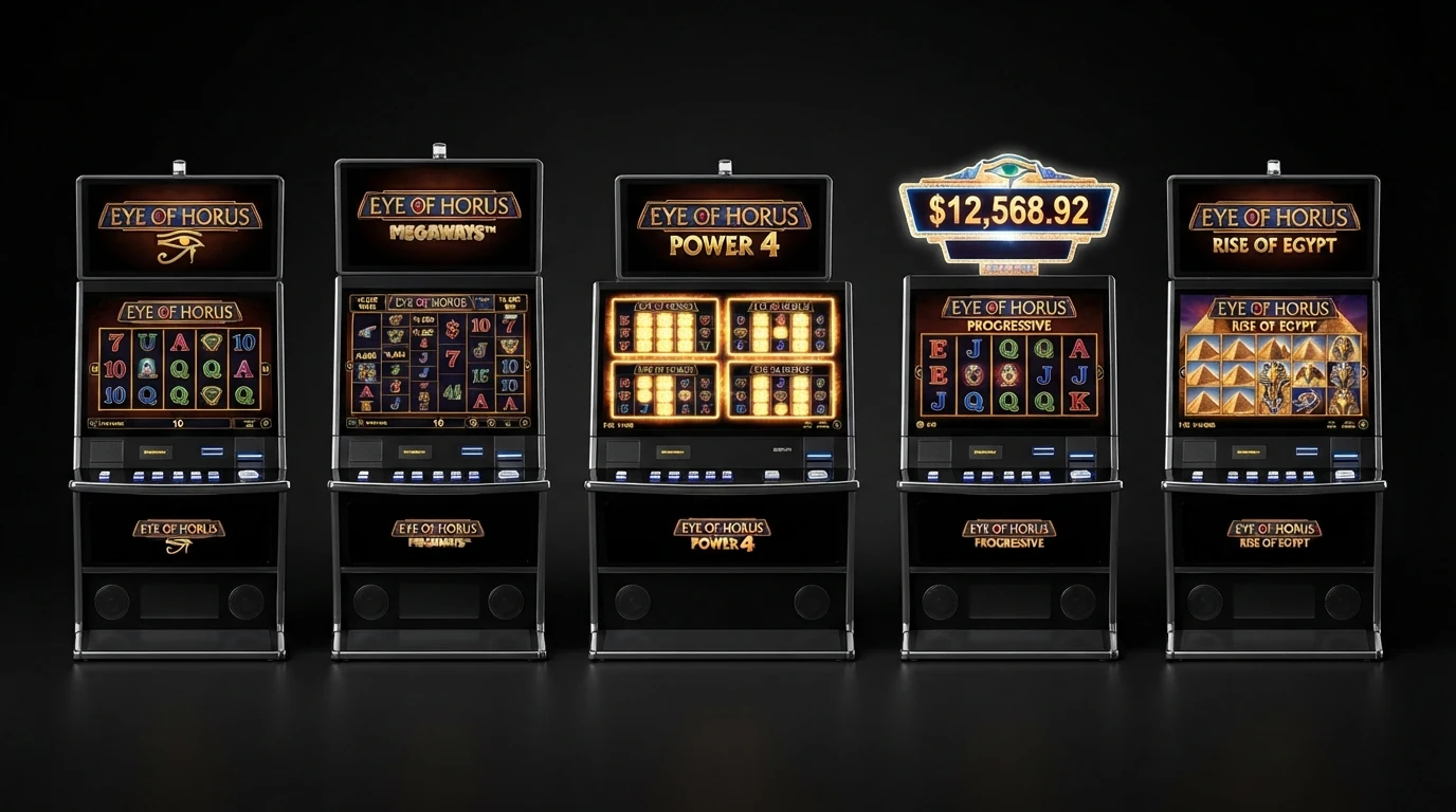 Fünf verschiedene Eye-of-Horus-Slot-Titel nebeneinander — Original, Megaways, Power 4, Jackpot King und Rise of Egypt