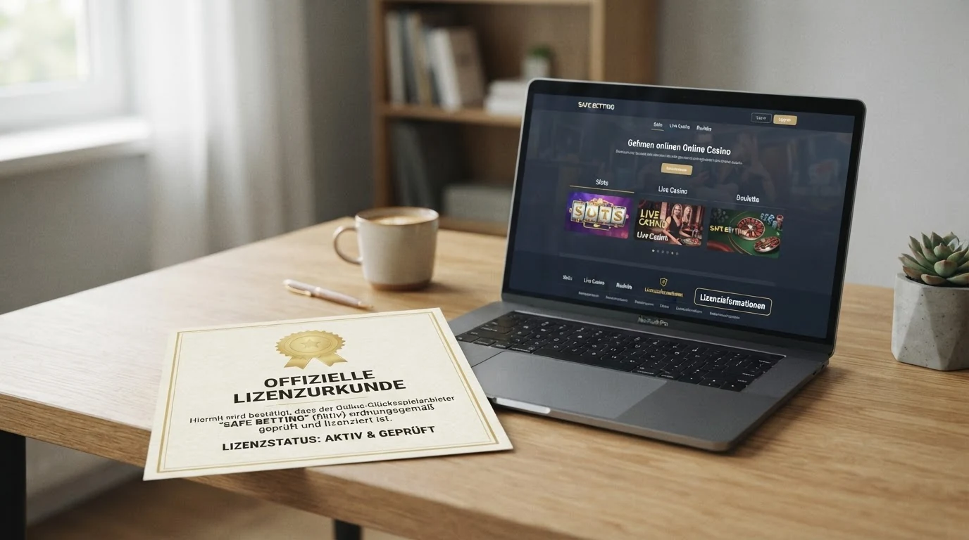Offizielles Dokument mit österreichischem Wappen und Lizenztext neben einem Bildschirm mit einer Casino-Webseite