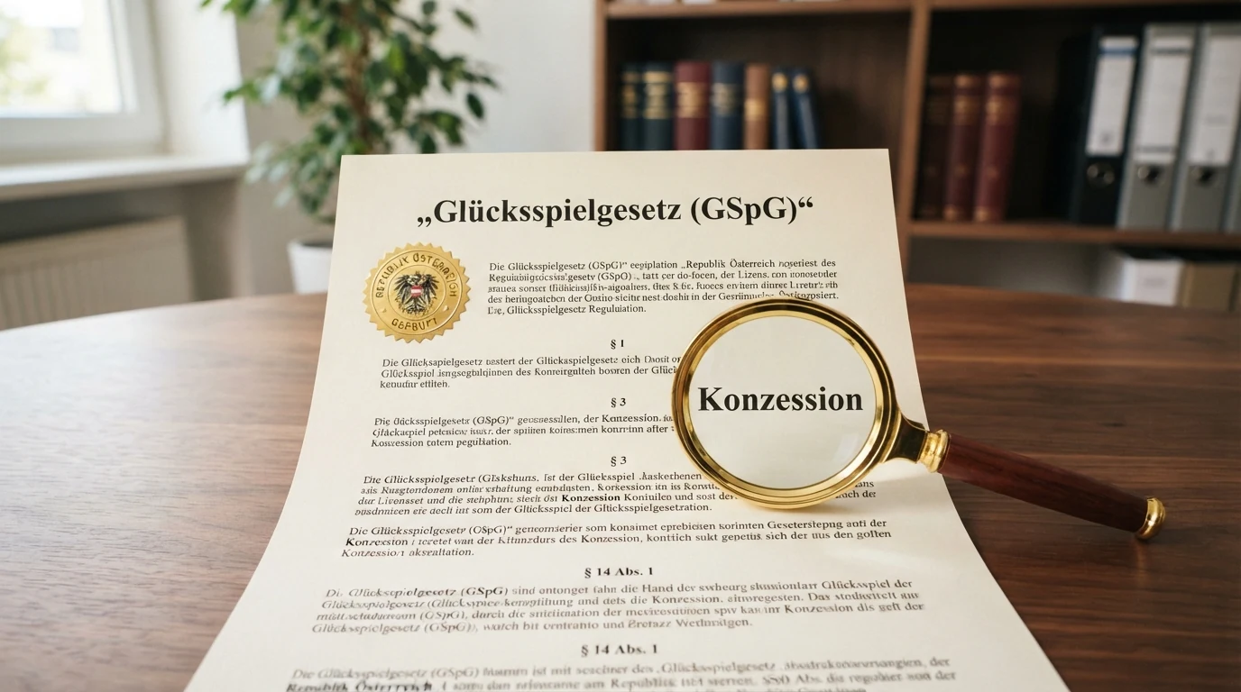 Ein offiziell wirkendes Dokument mit dem österreichischen Bundeswappen und dem Titel „Glücksspielgesetz (GSpG)“ auf einem Schreibtisch, daneben eine Lupe über dem Wort „Konzession“