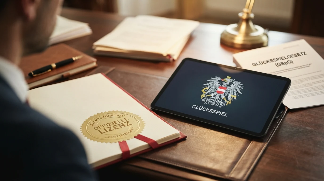 Ein stilisiertes österreichisches Bundeswappen neben dem BMF-Logo, darunter die Jahreszahlen der wichtigsten Rechtsentscheidungen: 2020 (OGH), 2026 (EuGH C-77/24), 2027 (Konzessionsende win2day)