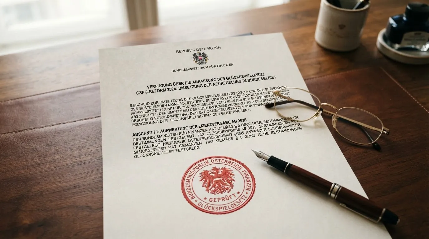Offizielles Dokument der österreichischen Glücksspielkonzession mit BMF-Briefkopf und Gesetzestextauszug des GSpG