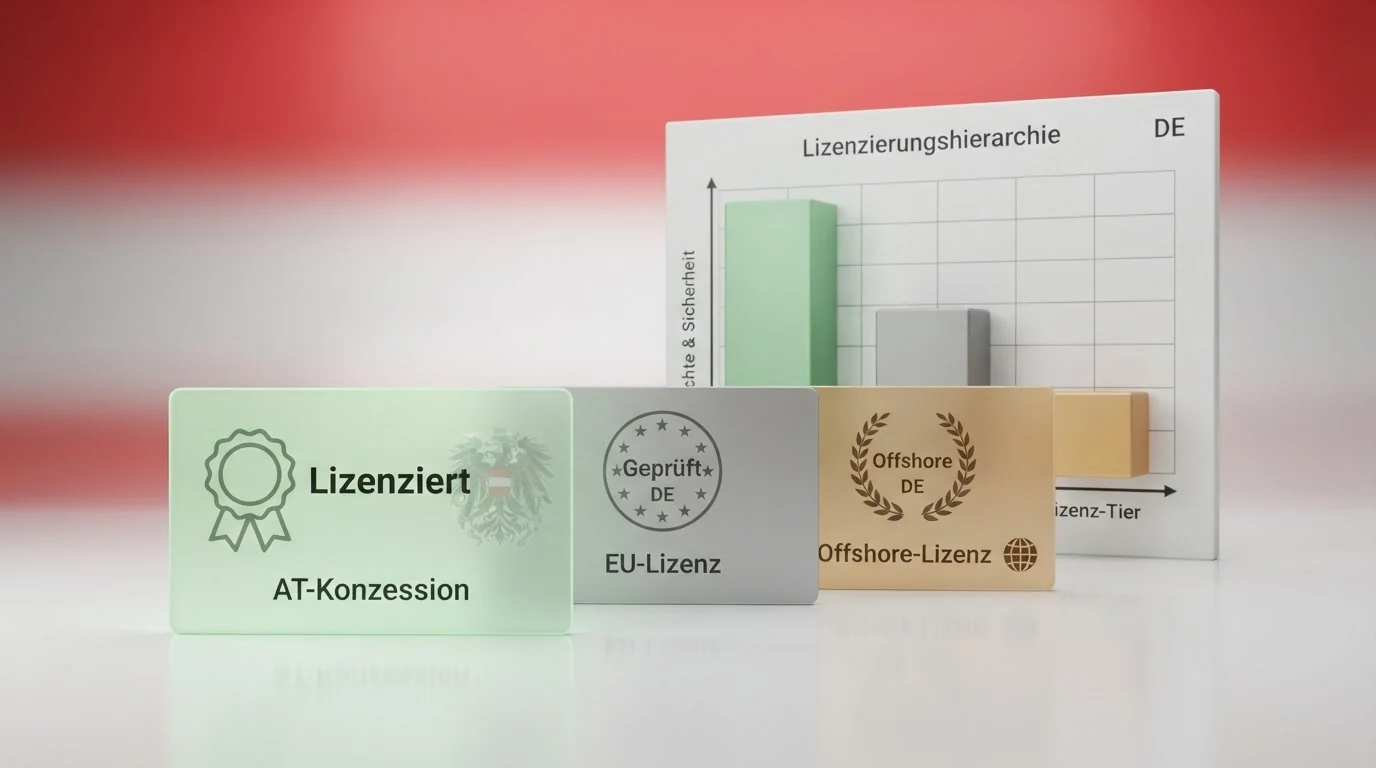 Schaubild der drei Lizenzstufen für Online Spielotheken in Österreich: AT-Konzession, EU-Lizenz (MGA), Offshore-Lizenz — mit den jeweiligen Rechten und Risiken