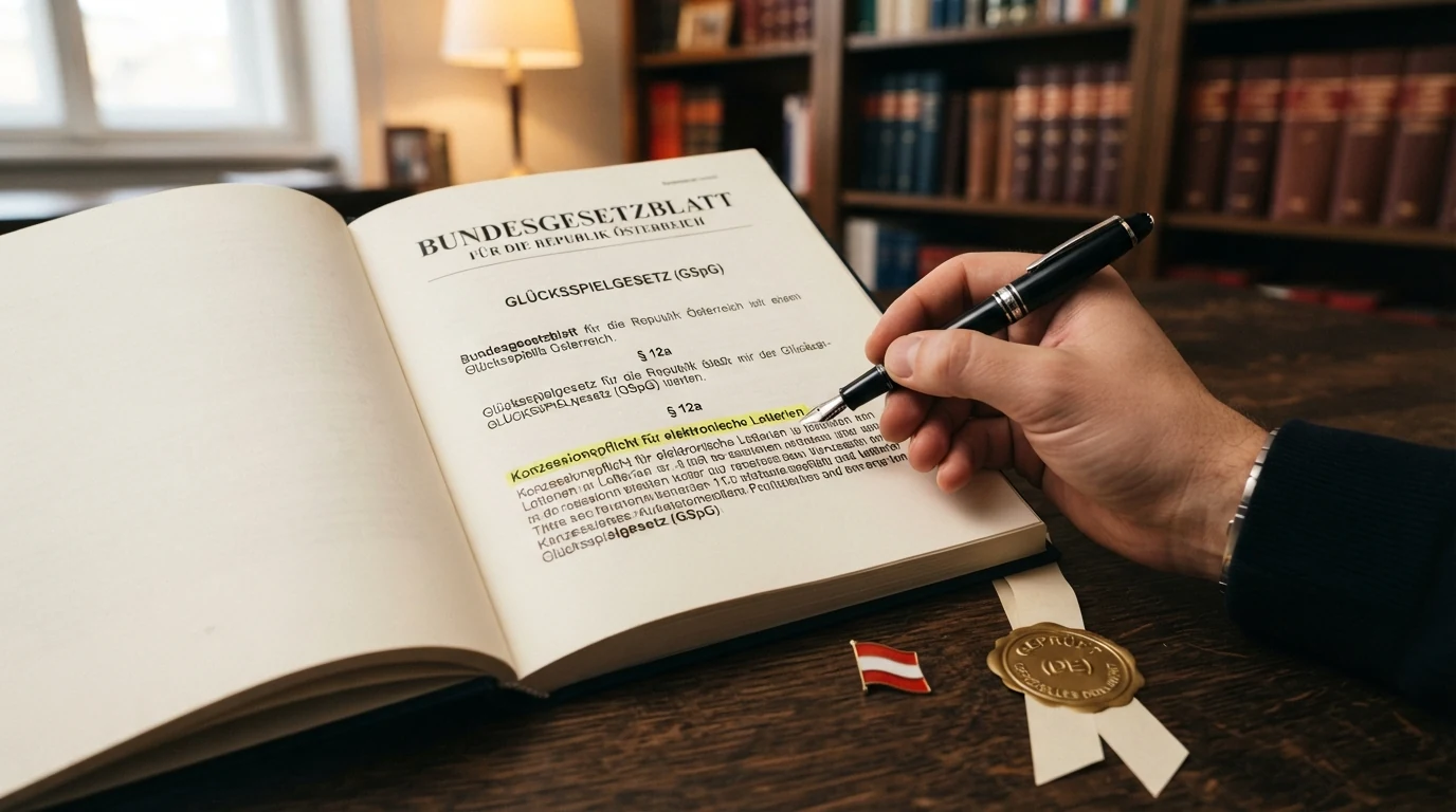 Ein Auszug aus dem österreichischen Glücksspielgesetz (GSpG) mit markiertem § 12a, vor dem Hintergrund eines Richterhammers.