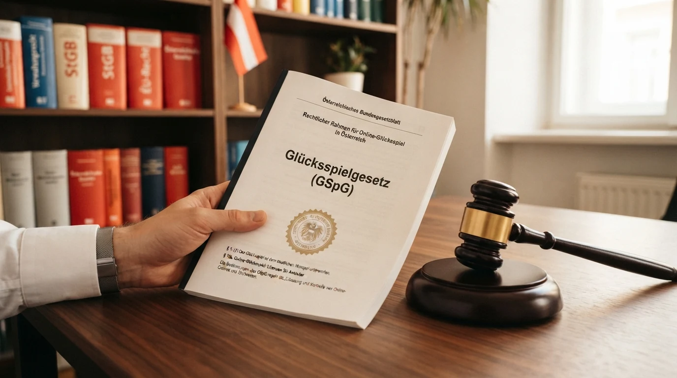 Das österreichische Bundeswappen neben einem aufgeschlagenen Gesetzestext mit dem Titel Glücksspielgesetz (GSpG) und einem Richterhammer