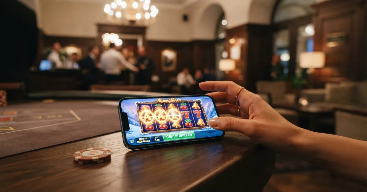 Bunte Spielautomaten-Walzen mit Fruchtsymbolen auf einem Bildschirm, eine Hand berührt den „Gratis spielen“-Button, im Hintergrund eine Casino-Lobby mit weiteren Spielen
