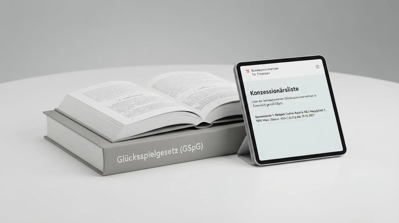 Eine aufgeschlagene Gesetzessammlung mit dem Titel „Glücksspielgesetz“, daneben ein Tablet mit der BMF-Website und der Konzessionärsliste.