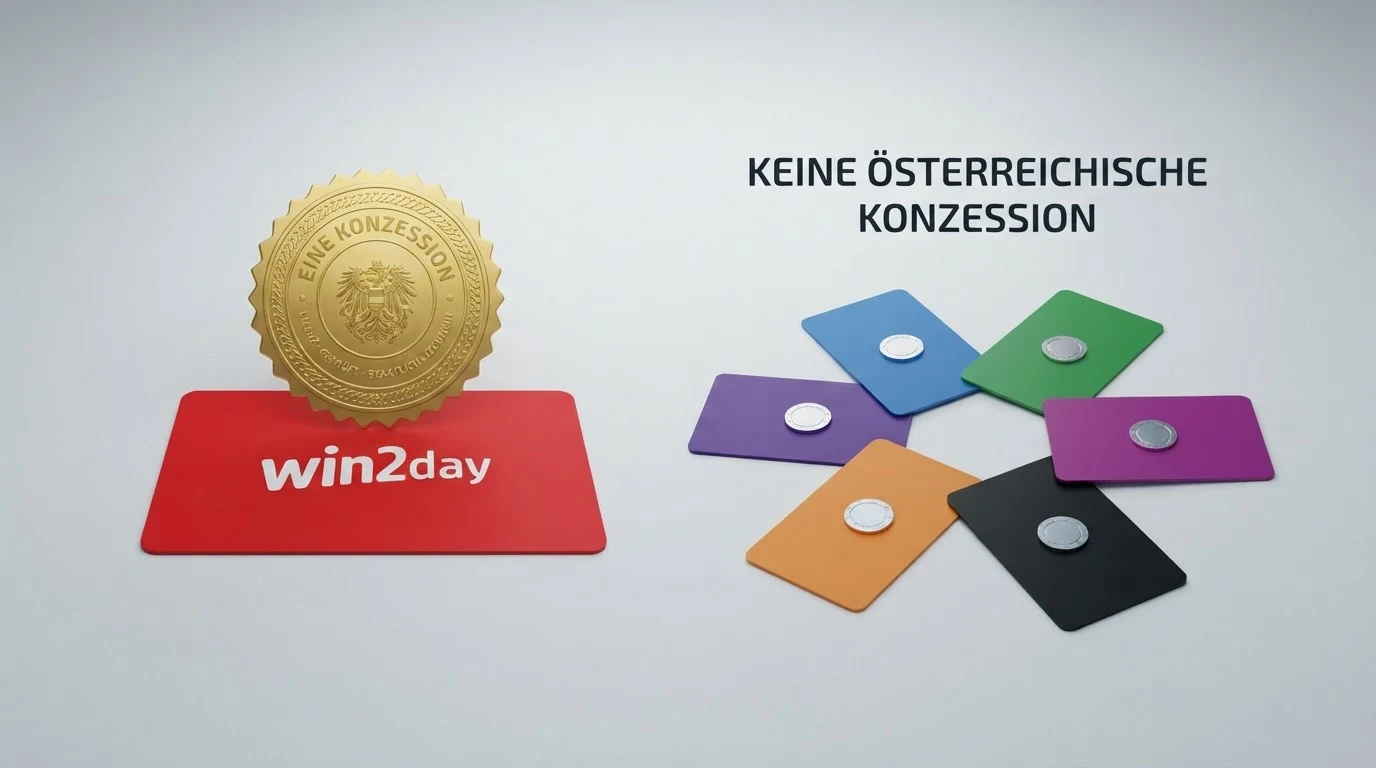 Eine schematische Gegenüberstellung: links das win2day-Logo unter der Überschrift „Eine Konzession“, rechts eine Gruppe von Casino-Logos (MGA, Curaçao, Kahnawake) unter der Überschrift „Keine österreichische Konzession“