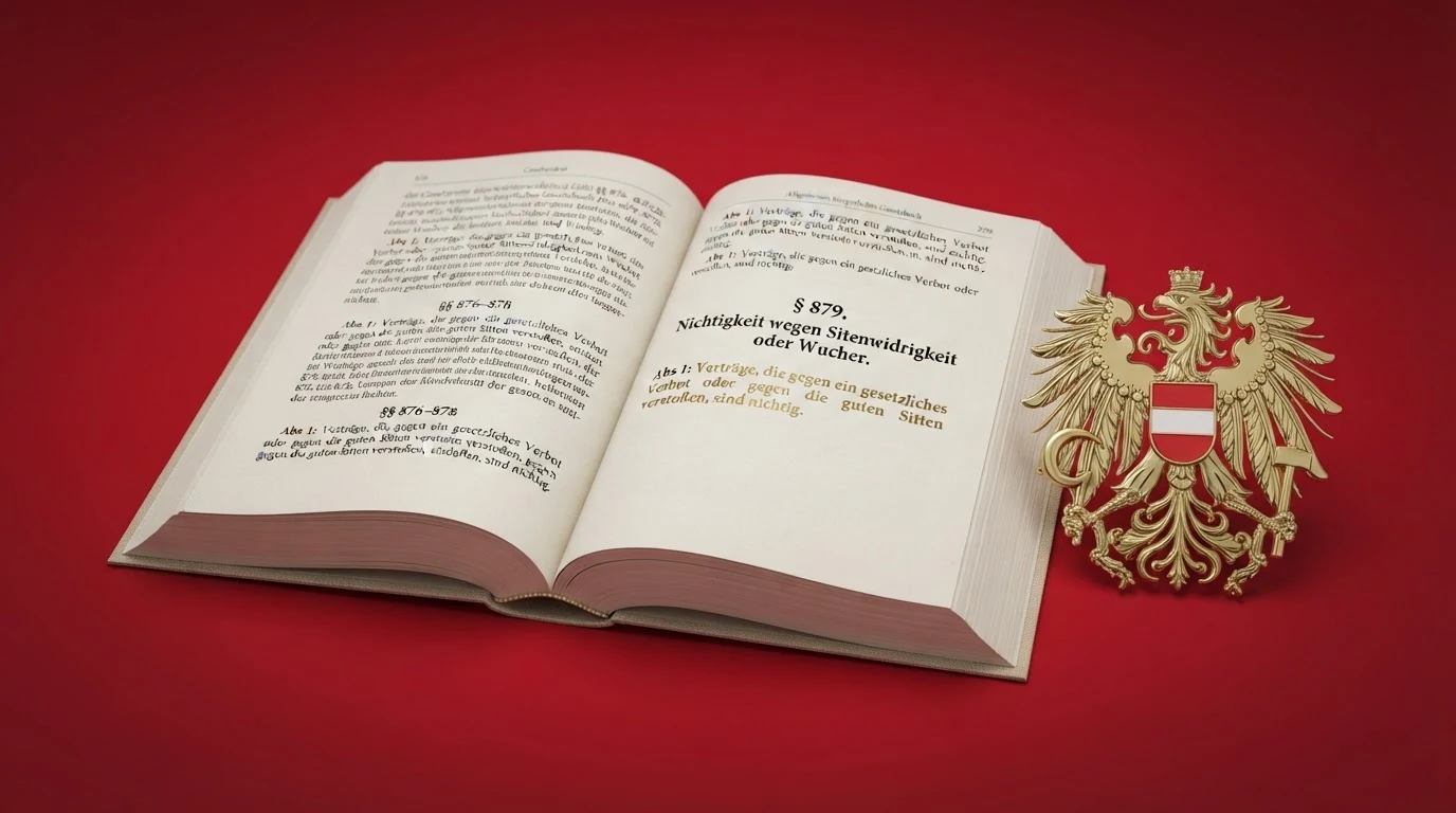 Ein aufgeschlagenes Gesetzbuch mit markiertem Paragrafen 879 ABGB, daneben das offizielle Wappen der Republik Österreich mit Bundesadler