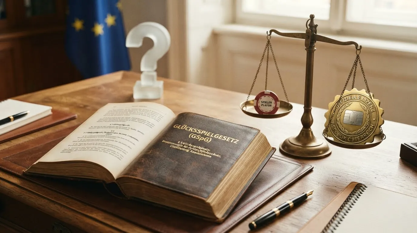 Ein aufgeschlagenes Gesetzbuch mit dem Titel „GSpG“ neben einer Waage — im Hintergrund die EU-Flagge und ein Fragezeichen