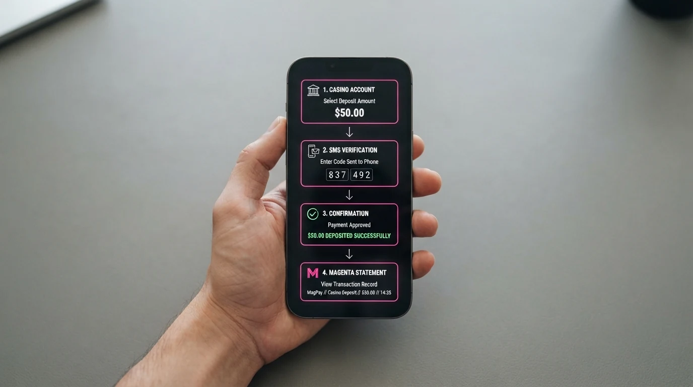 Eine schematische Darstellung des Zahlungsablaufs: Casino-Konto, SMS-Verifizierungscode auf dem Smartphone, Bestätigungsmeldung und Magenta-Rechnung