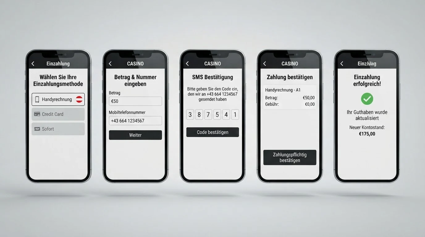 Eine schematische Darstellung des Einzahlungsprozesses: Casino-Kasse → Handyrechnung wählen → Betrag eingeben → SMS-Code empfangen → Code bestätigen → Guthaben sofort verfügbar