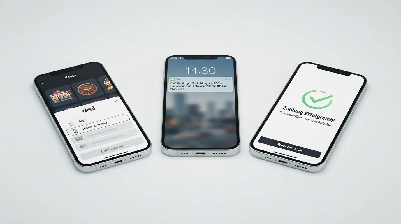 Schematische Darstellung des Drei-Einzahlungsvorgangs: Casino-Kasse, Auswahl der Handyrechnung, SMS-Bestätigung auf dem Smartphone, Bestätigungsbildschirm