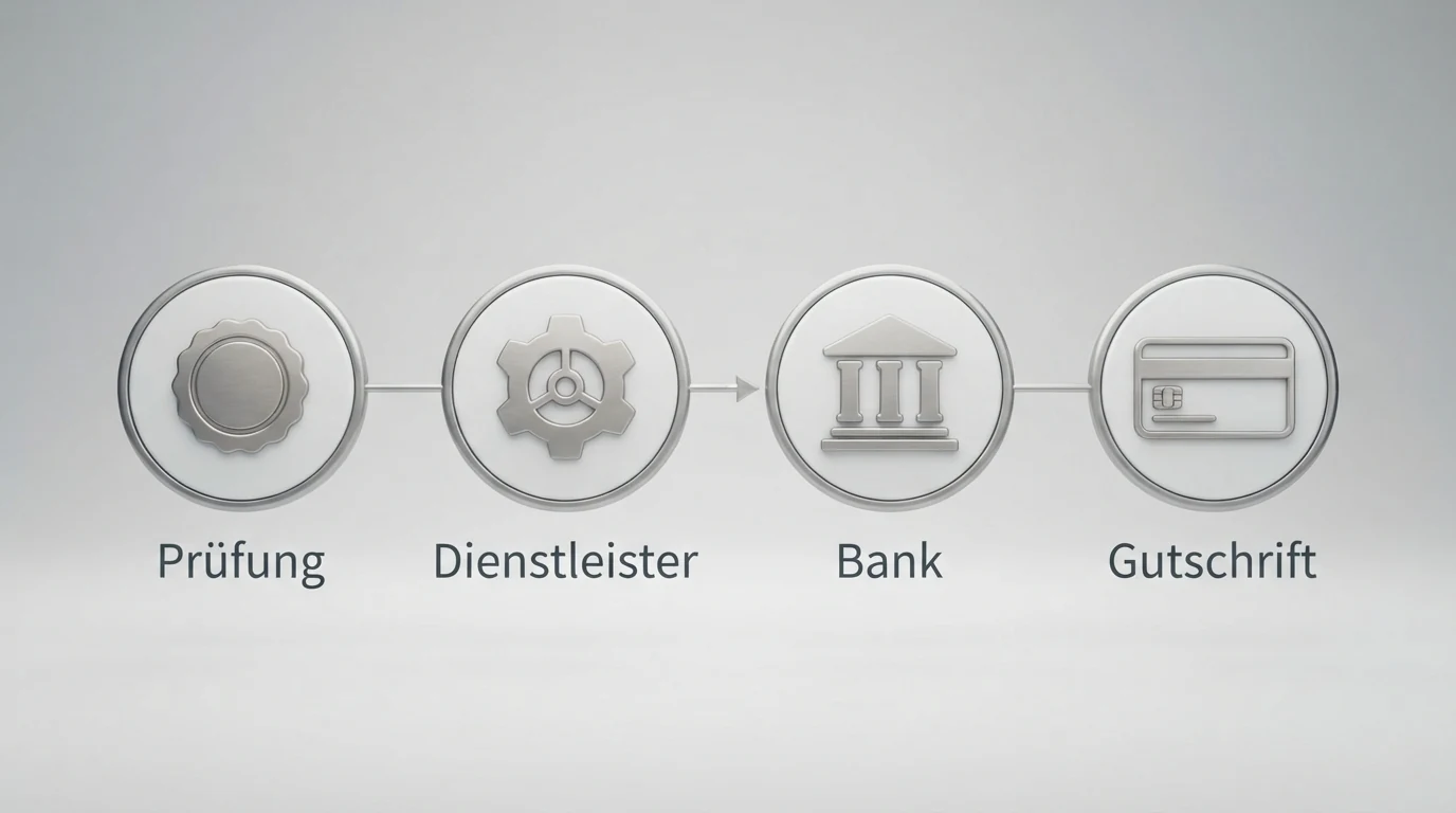 Eine schematische Darstellung des Auszahlungsprozesses in vier Schritten: Casino-Prüfung, Zahlungsdienstleister, Bankverarbeitung, Gutschrift auf dem Kreditkartenkonto