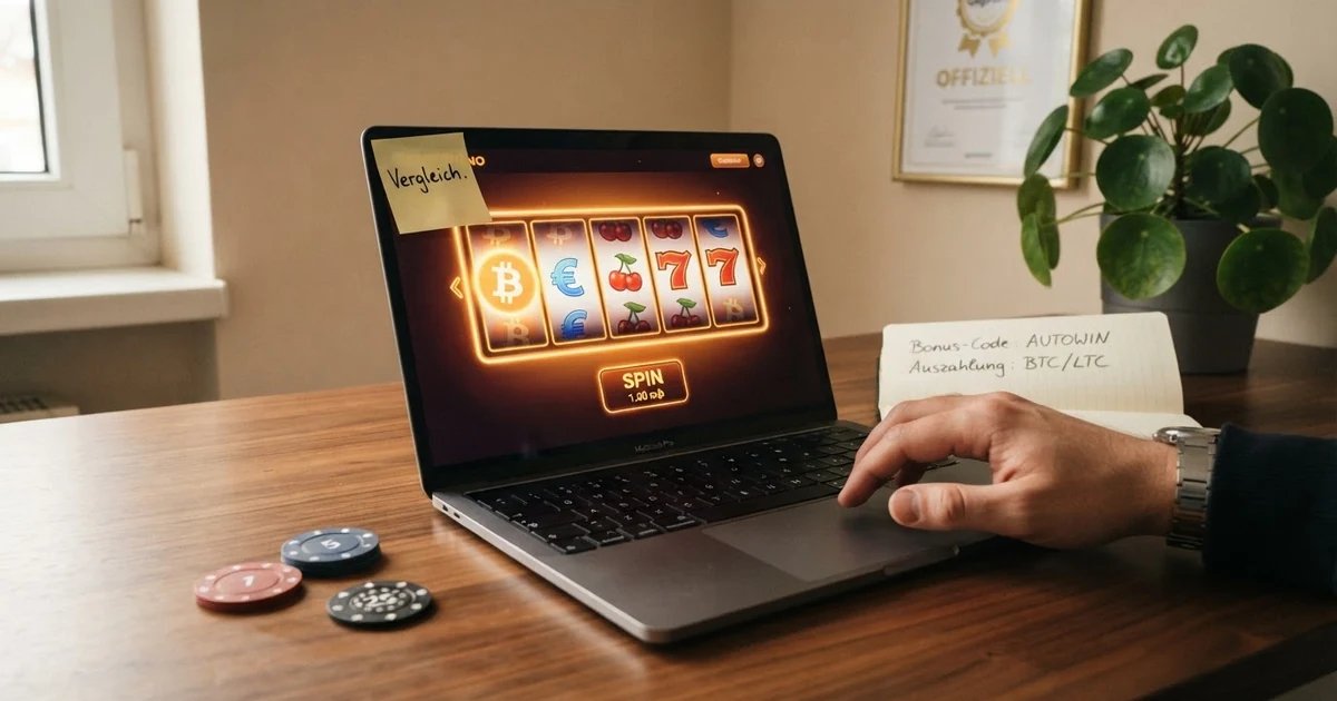 Eine Bildschirmansicht mit einer Vergleichstabelle mehrerer Krypto-Casinos, daneben Logos von Bitcoin, Ethereum und weiteren Kryptowährungen